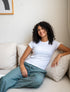 Women summer pajama set Off White T-shirt + Green X White Spaced Stripes Pants